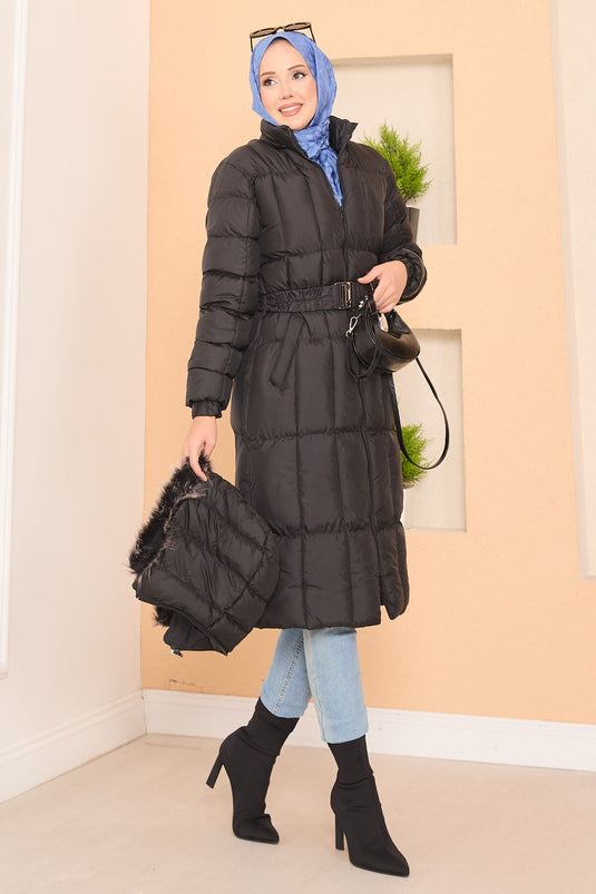 Kapüşonu Kürklü Seyyar Kemerli Şişme Mont Siyah
