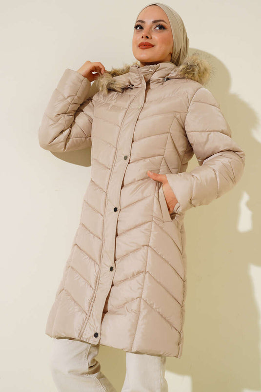 Furry Hooded Puffer Coat Beige