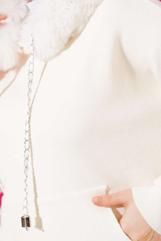 Kapüşonu Kürklü Triko Kazak Kemik