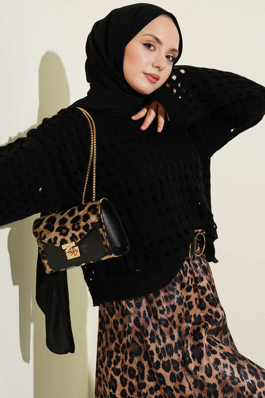 Kare Ajurlu Strickpullover Schwarz