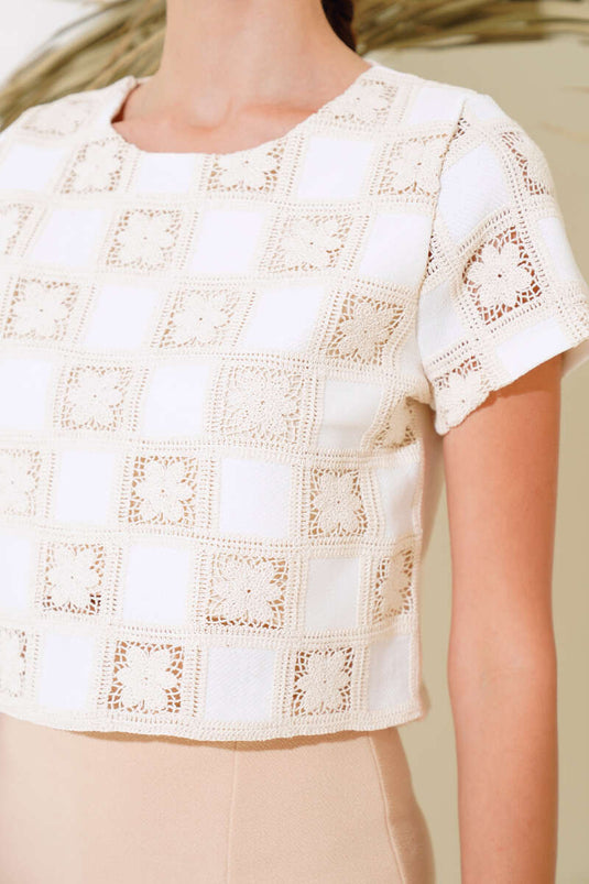 Square Block Lace Blouse Ecru