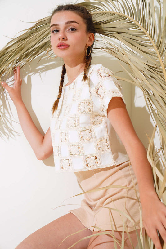 Square Block Lace Blouse Ecru