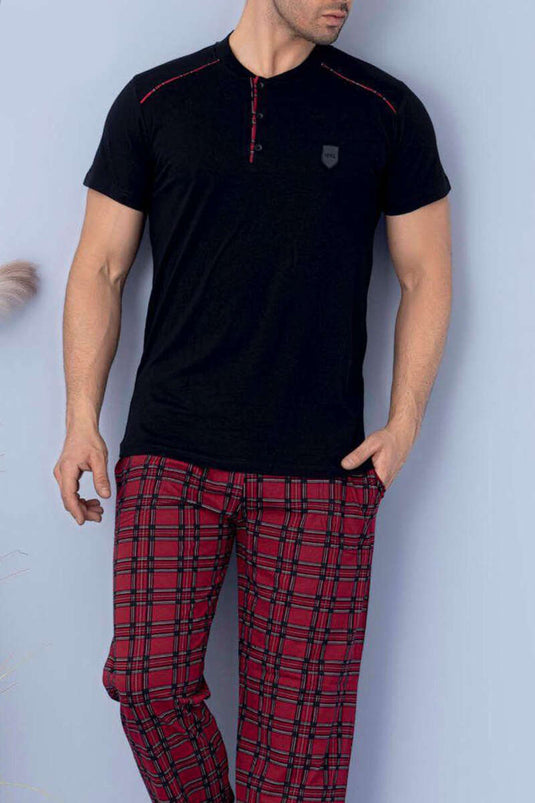 Kare Çizgili Kısa Kol Erkek Pijama Takım Siyah