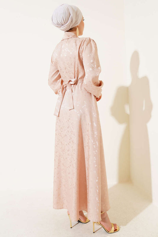 Kare Desen Düğmeli Jakar Elbise Bej