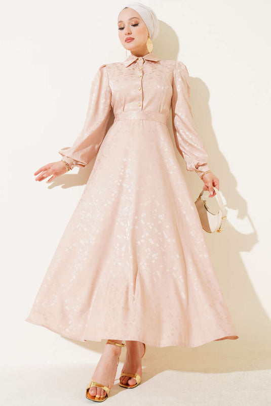 Kare Desen Düğmeli Jakar Elbise Bej