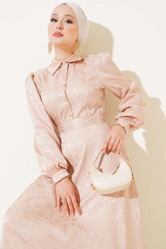 Kare Desen Düğmeli Jakar Elbise Bej