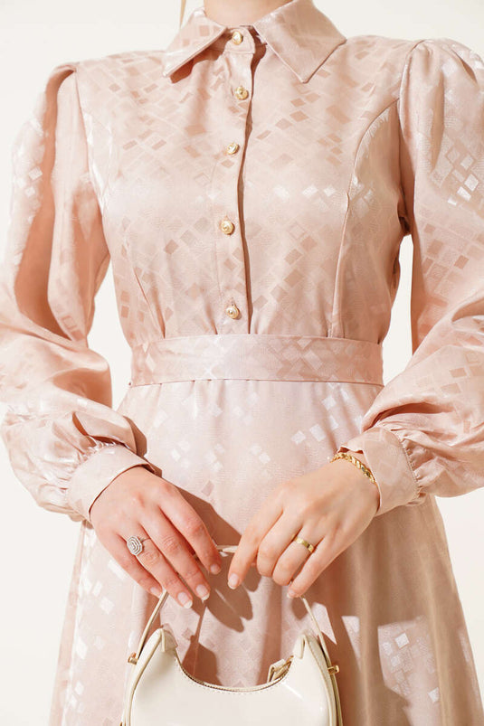 Kare Desen Düğmeli Jakar Elbise Bej