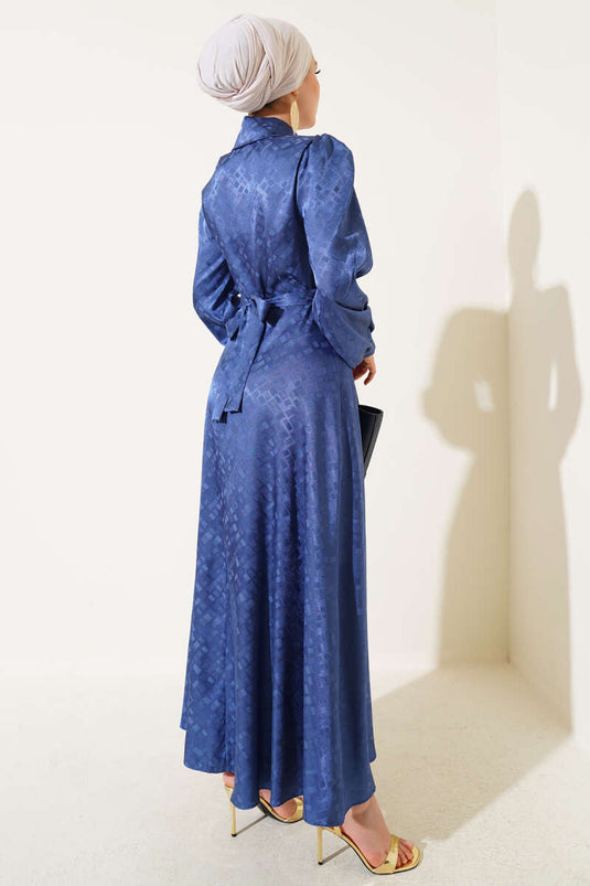 Kare Desen Düğmeli Jakar Elbise İndigo