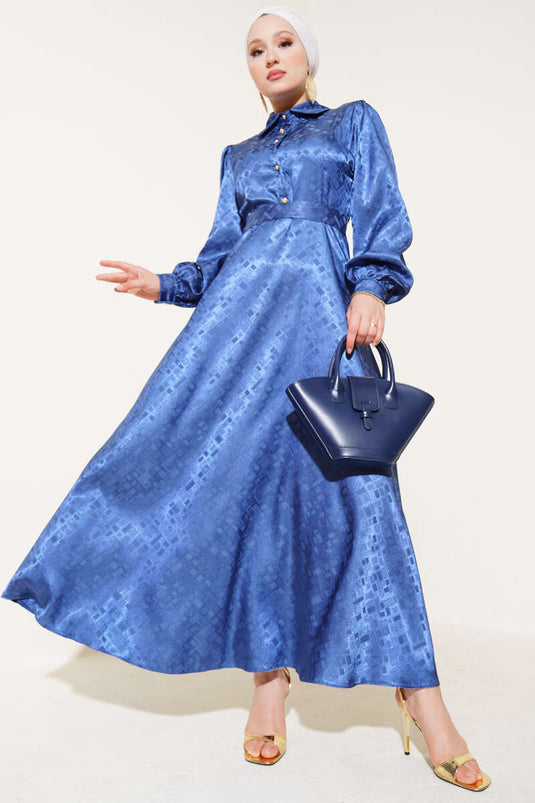 Kare Desen Düğmeli Jakar Elbise İndigo