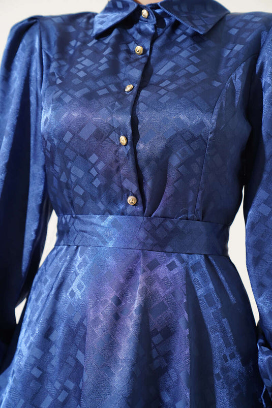 Kare Desen Düğmeli Jakar Elbise İndigo