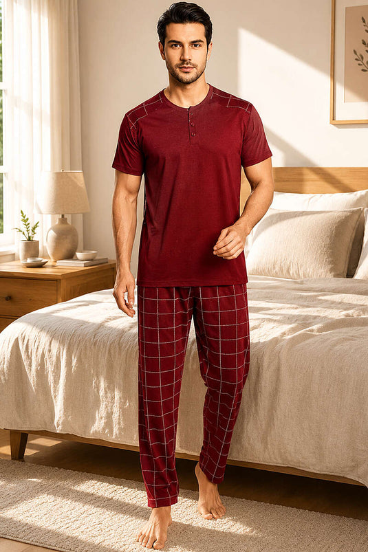 Ensemble pyjama homme bordeaux à trois boutons motif carreaux