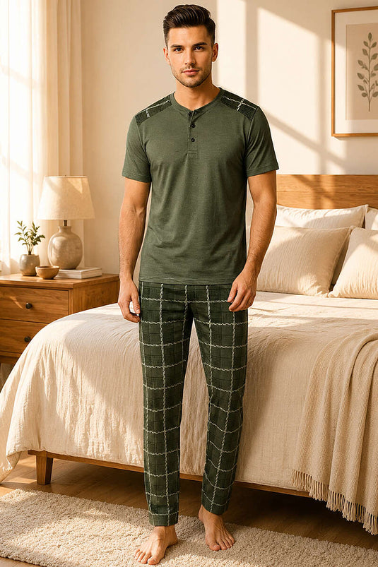 Ensemble pyjama homme kaki à trois boutons motif carreaux