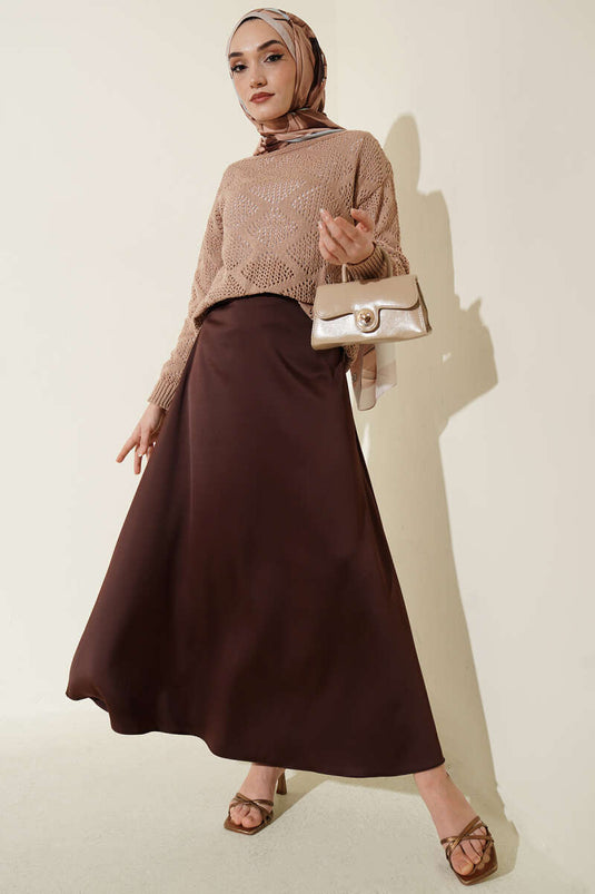 Latte Color Lace Patterned Knit Sweater