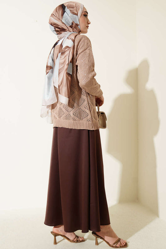 Latte Color Lace Patterned Knit Sweater