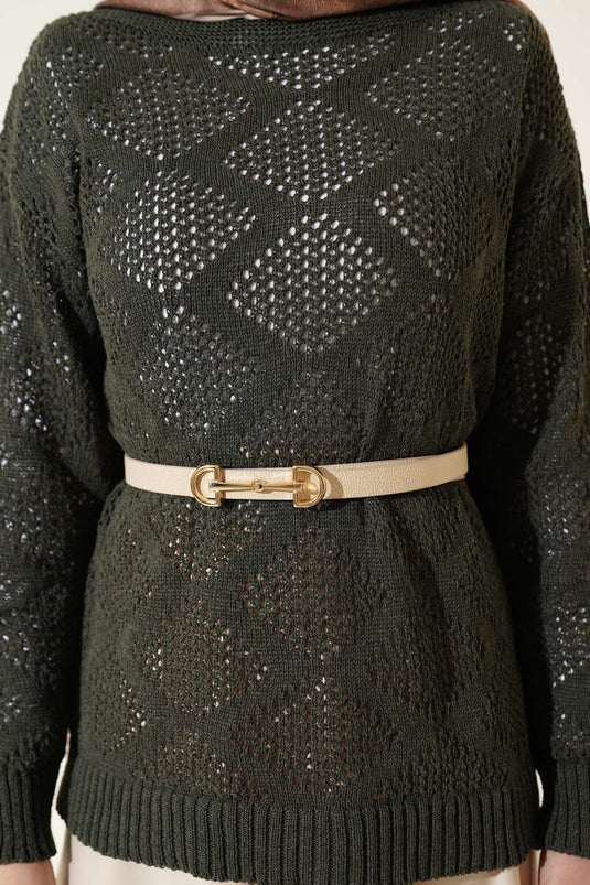 Pull en tricot ajouré à motif carré, couleur vert olive