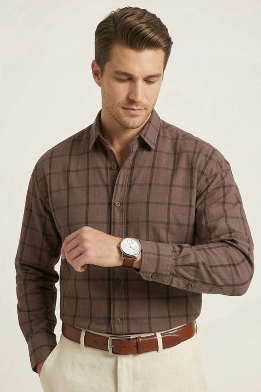 Men's Shirt with Square Pattern Brown