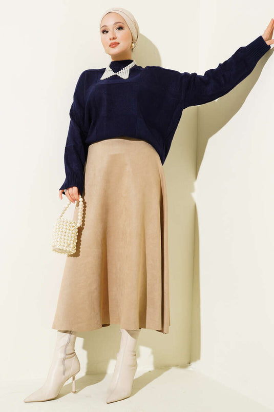 Square Patterned Knit Sweater Navy Blue