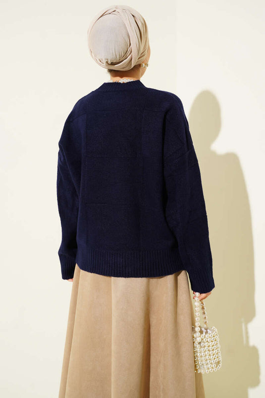 Square Patterned Knit Sweater Navy Blue