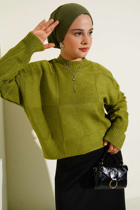 Plaid Knit Sweater, Olive Green