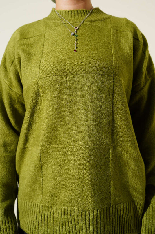 Plaid Knit Sweater, Olive Green