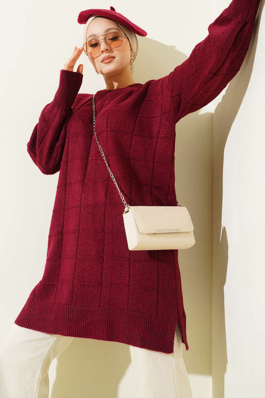Square Patterned Soft Knit Tunic Claret Red