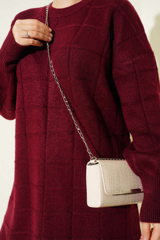 Square Patterned Soft Knit Tunic Claret Red