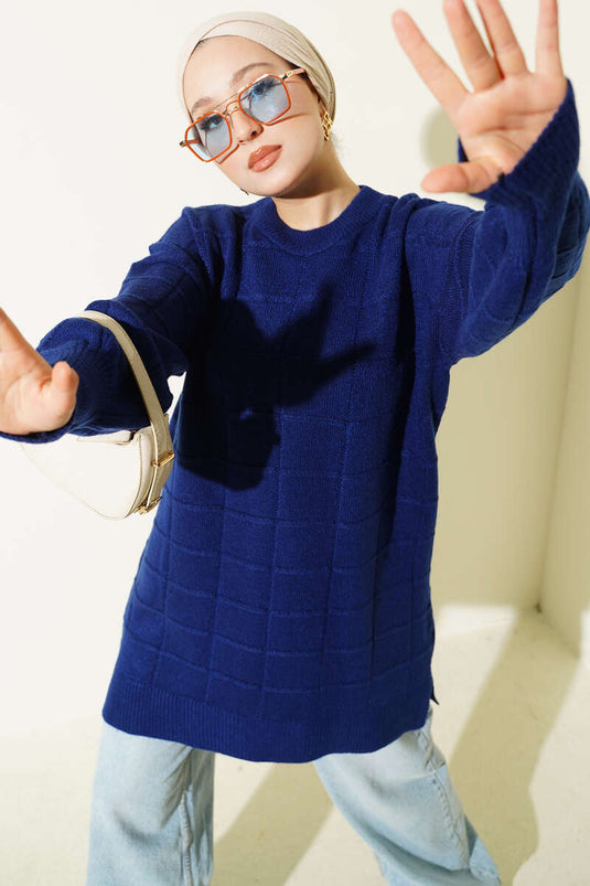 Square Patterned Soft Knit Tunic Navy Blue