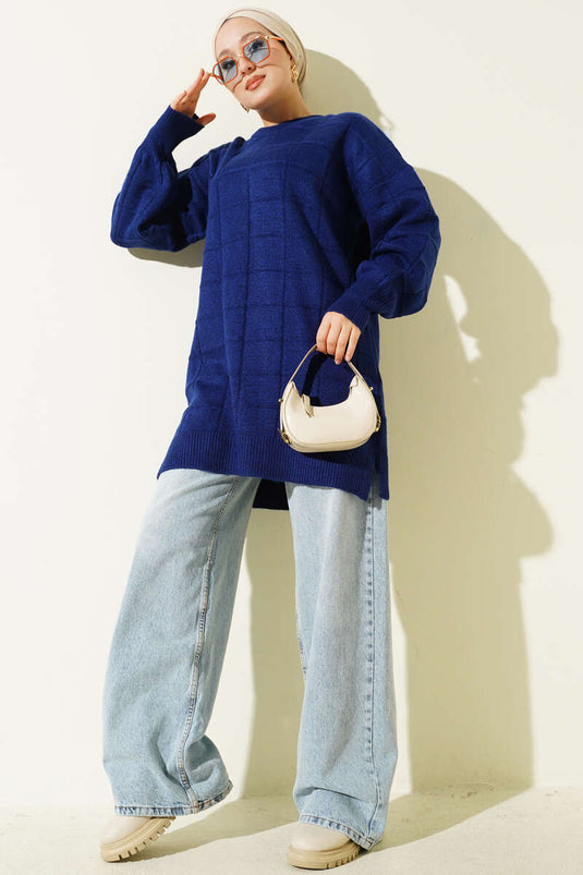 Square Patterned Soft Knit Tunic Navy Blue