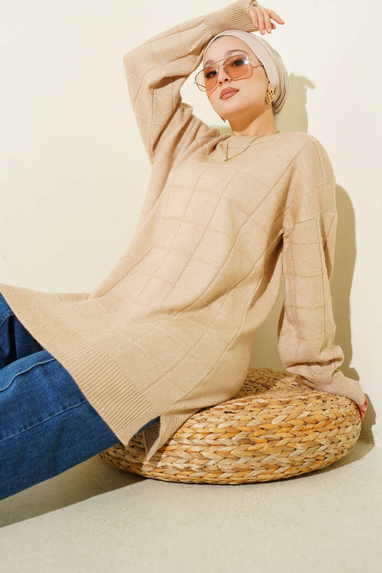 Square Patterned Soft Knit Tunic Latte