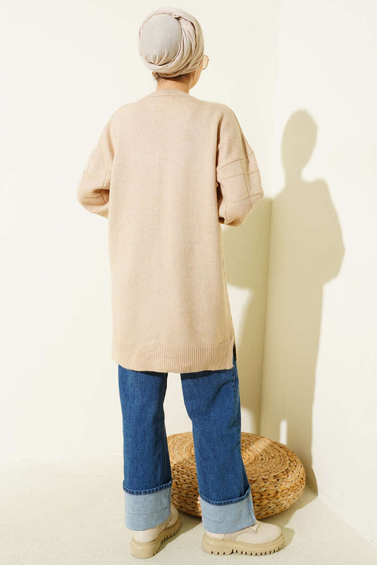 Square Patterned Soft Knit Tunic Latte