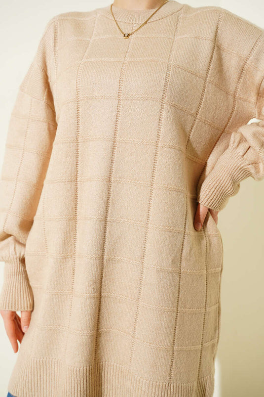 Square Patterned Soft Knit Tunic Latte