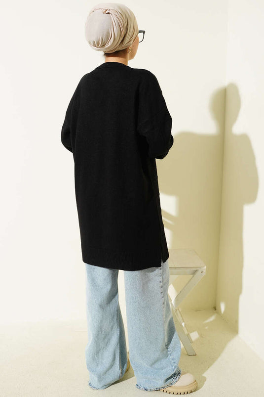 Square Patterned Soft Knit Tunic Black