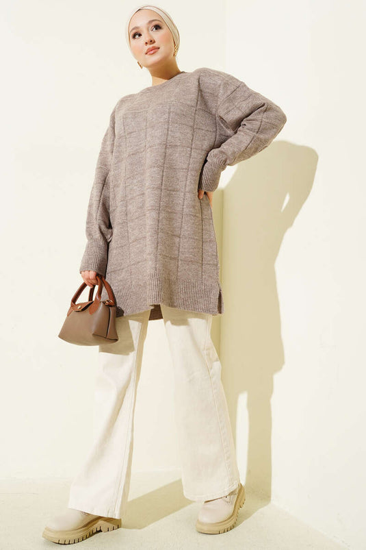 Square Patterned Soft Knit Tunic Mink