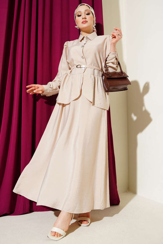Square Button Belted Skirt Suit Beige