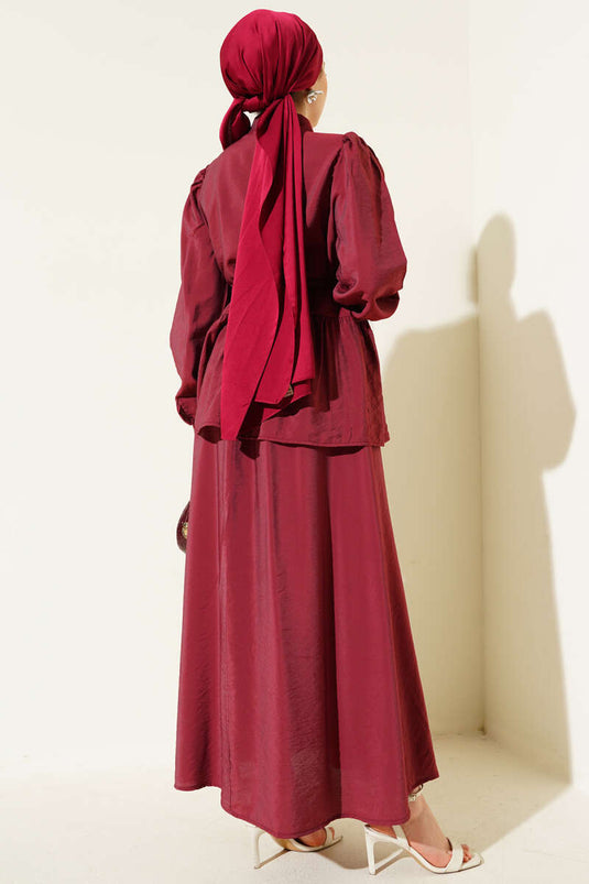 Kare Düğmeli Kemerli Etekli Takım Bordo