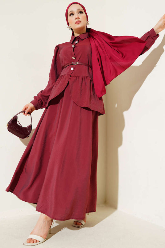 Kare Düğmeli Kemerli Etekli Takım Bordo