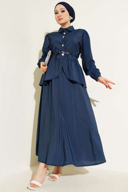 Square Button Belted Skirt Suit Navy Blue