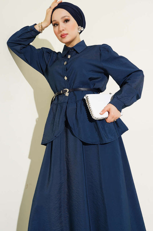 Kare Düğmeli Kemerli Etekli Takım Lacivert