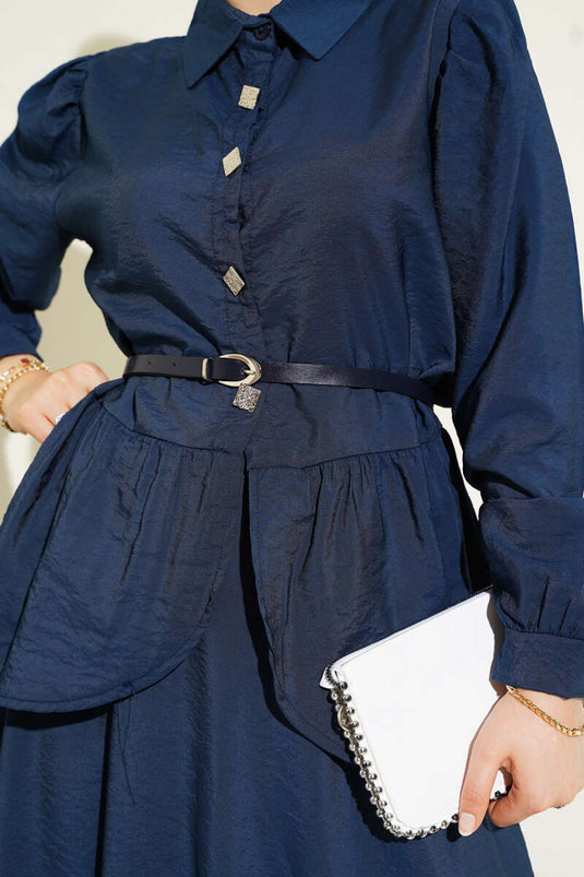 Square Button Belted Skirt Suit Navy Blue