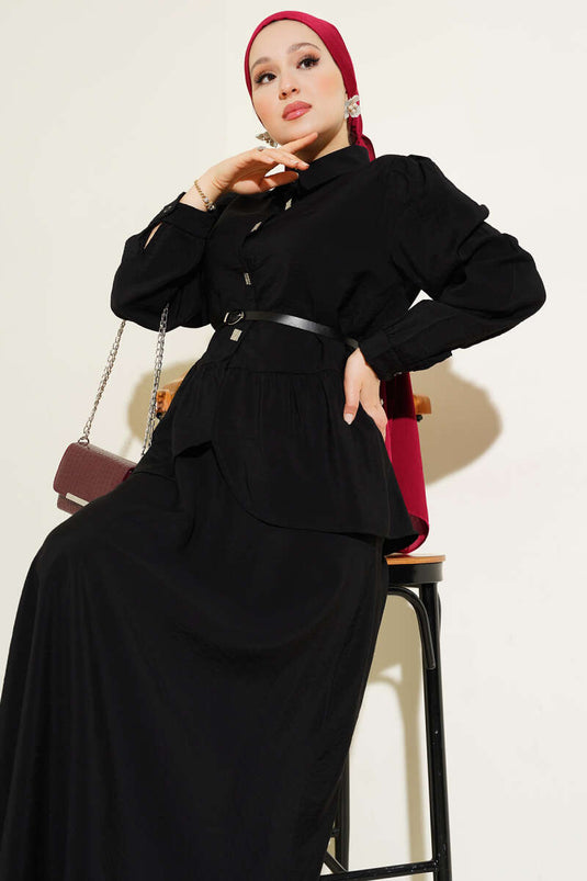 Kare Düğmeli Kemerli Etekli Takım Siyah