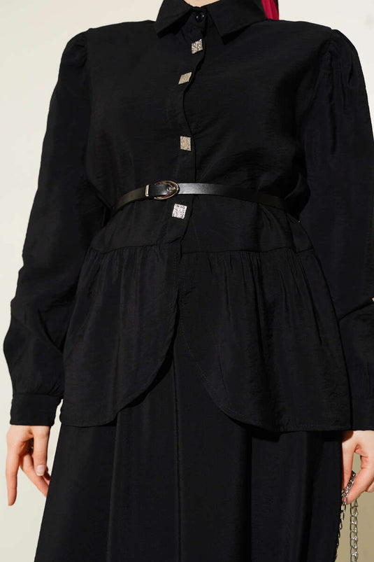 Kare Düğmeli Kemerli Etekli Takım Siyah