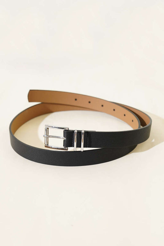 Thin Buckled Belt Black Silver