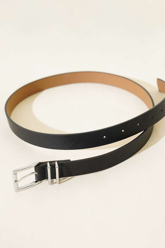 Thin Buckled Belt Black Silver