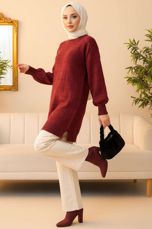 Square Embossed Soft Knit Tunic Claret Red