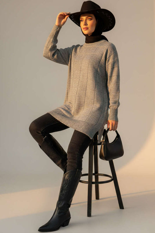 Kare Kabartmalı Yumoş Triko Tunik Gri