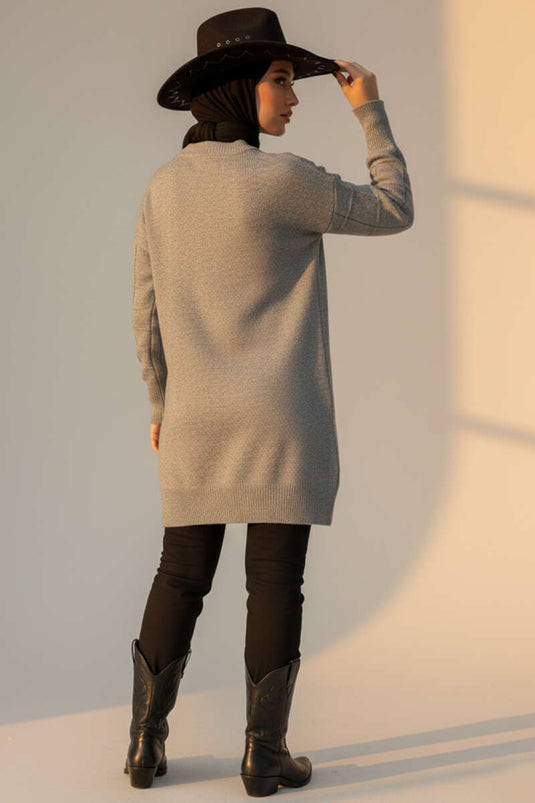 Kare Kabartmalı Yumoş Triko Tunik Gri