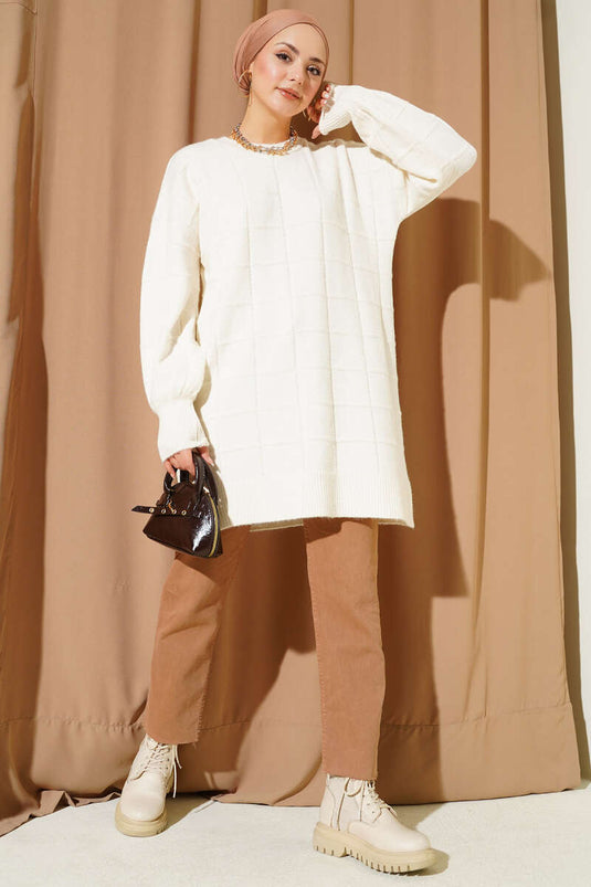 Kare Kabartmalı Yumoş Triko Tunik Kemik