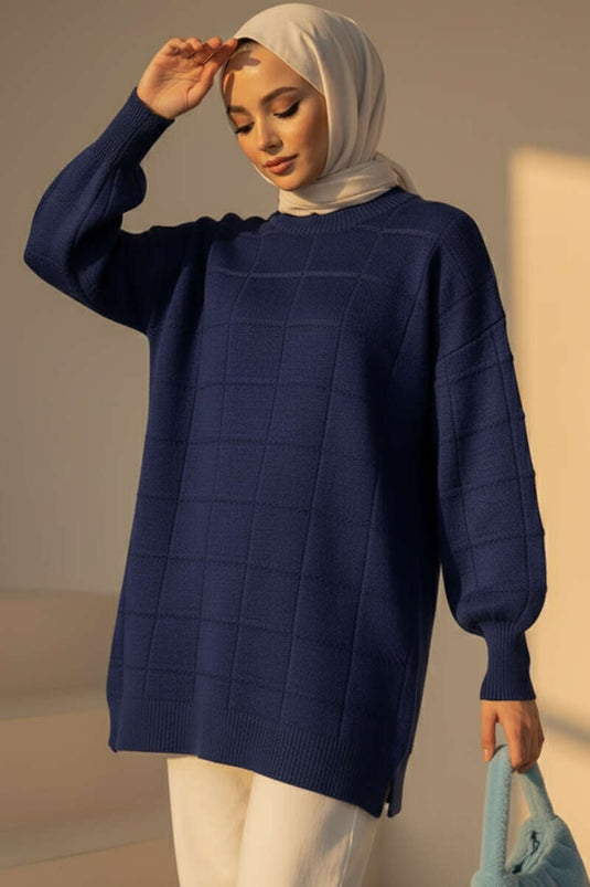 Square Embossed Soft Knit Tunic Navy Blue