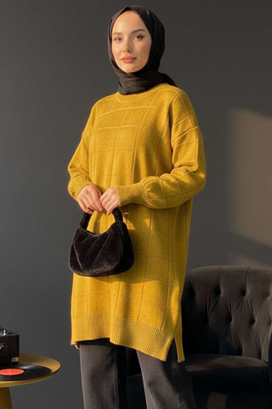 Kare Kabartmalı Yumoş Triko Tunik Yağ Yeşili