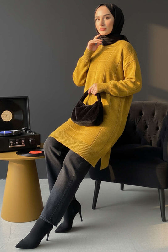 Tunique en tricot doux à motif carré en relief vert pétrole